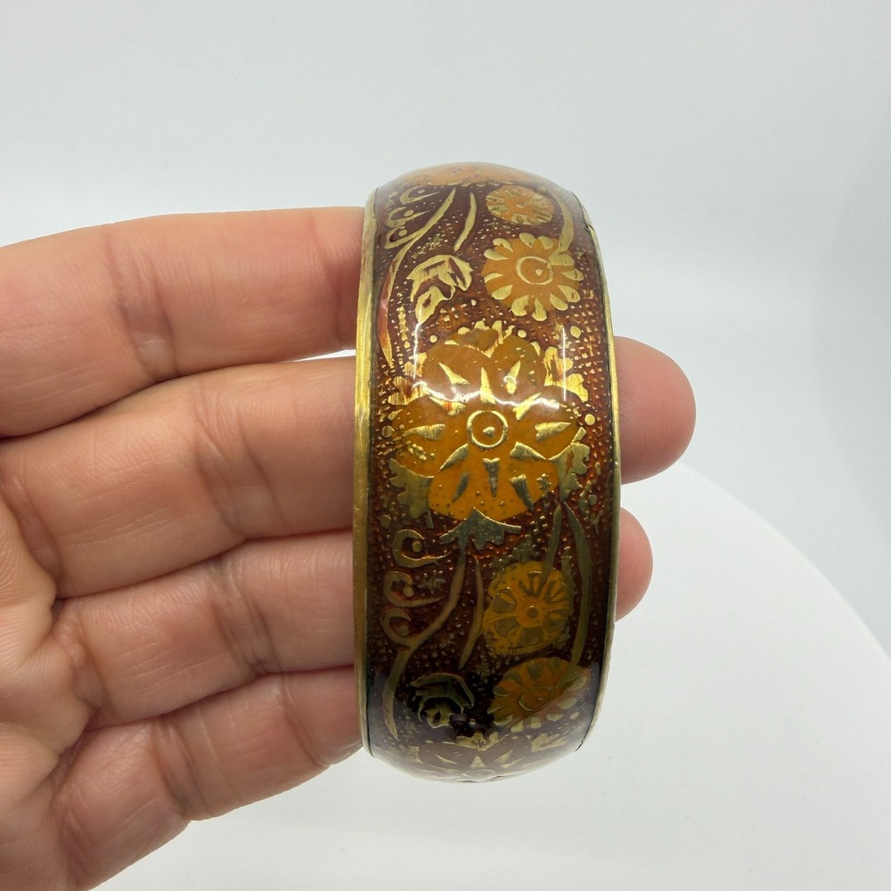 Bohemian Brass Floral Enamel Bangle Bracelet - Chunky Statement Gift